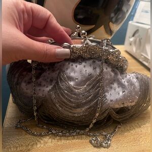 Vintage Silver Beaded Evening Clutch with Ornate Frame